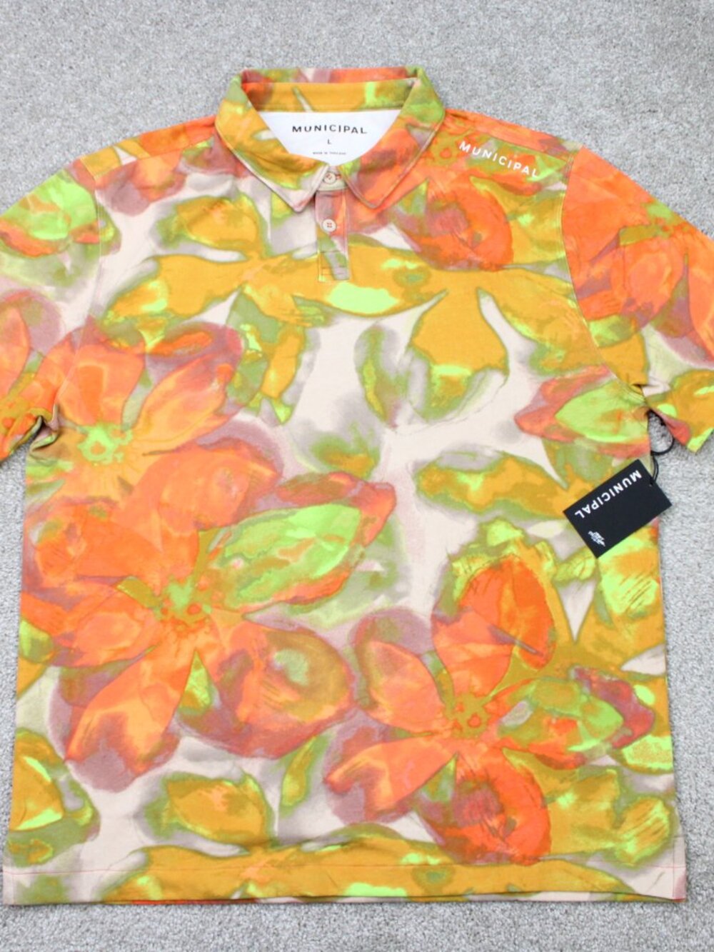 Municipal Sportcross Polo Shirt NWT Mens Large Orange/Yellow Wildflower S/S